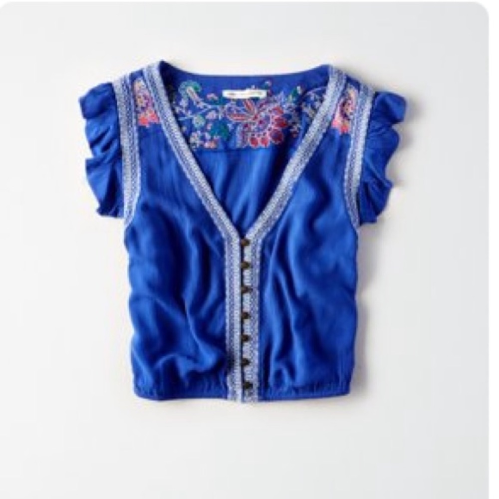 American Eagle Cobalt Blue Embroidered Crop Top XL